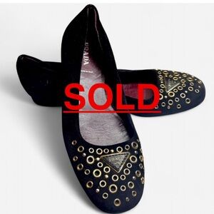 Authentic Prada Black and Gold Flats with Ornate Grommet Design